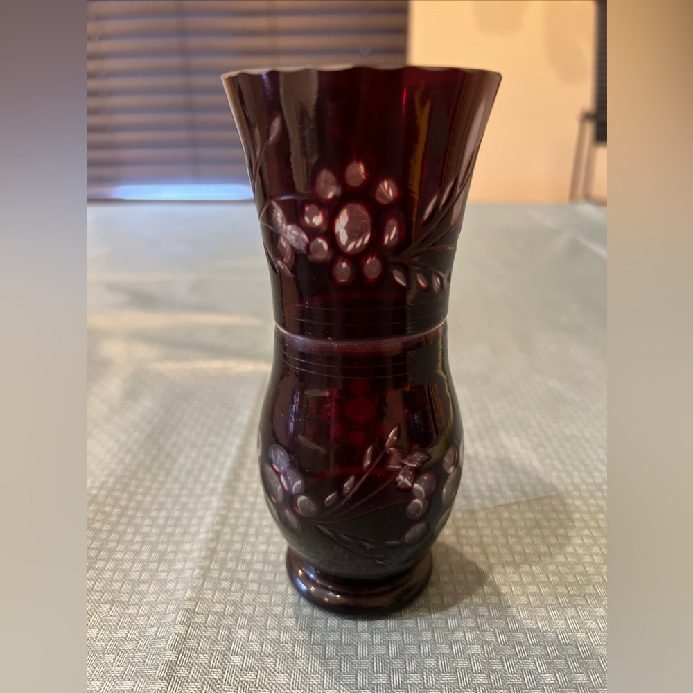 Vintage Ruby Glass Etched To Clear 6” Glass Vase